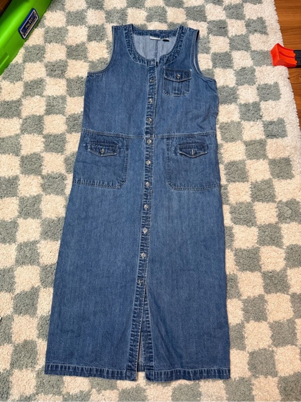 Crossroads blue jean cotton denim snap button front sleeveless jumper dress Vtg